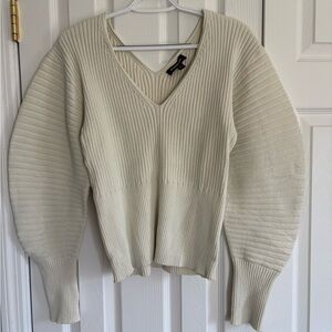 Express Cream V-Neck Ribbed Balloon Sleeve Sweater